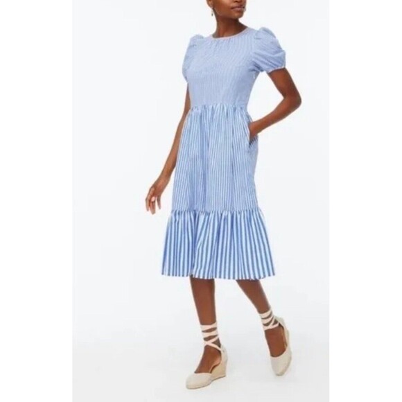 J Crew Cotton Blue White Striped Puff Sleeve Tiered Midi Preppy Dress Sz 0  NWT